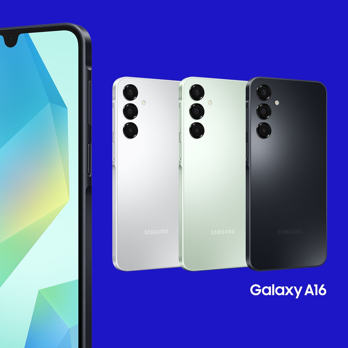 samsung galaxy a16 4g i alle farger på en blå bakgrunn