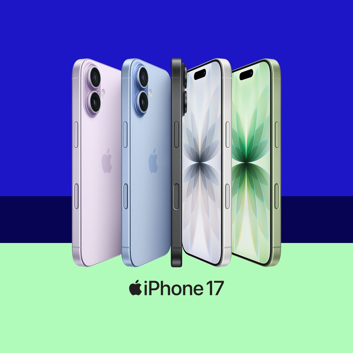 iphone 17 i alle farger på en farget bakgrunn