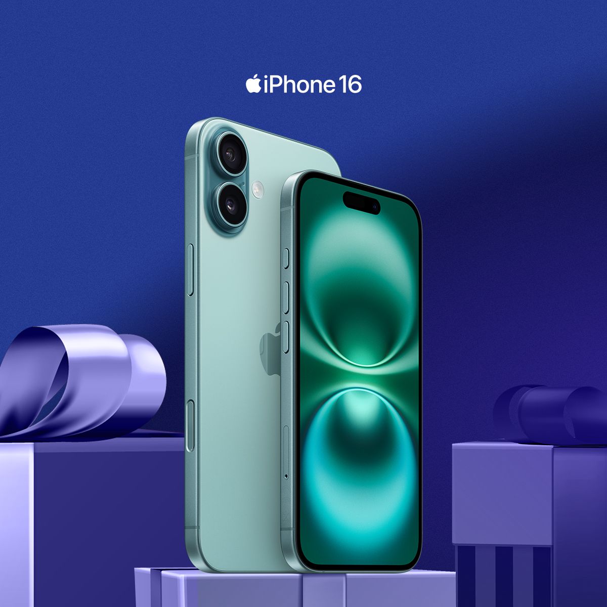 apple iphone 16 i fargen teal på toppen av en julegave