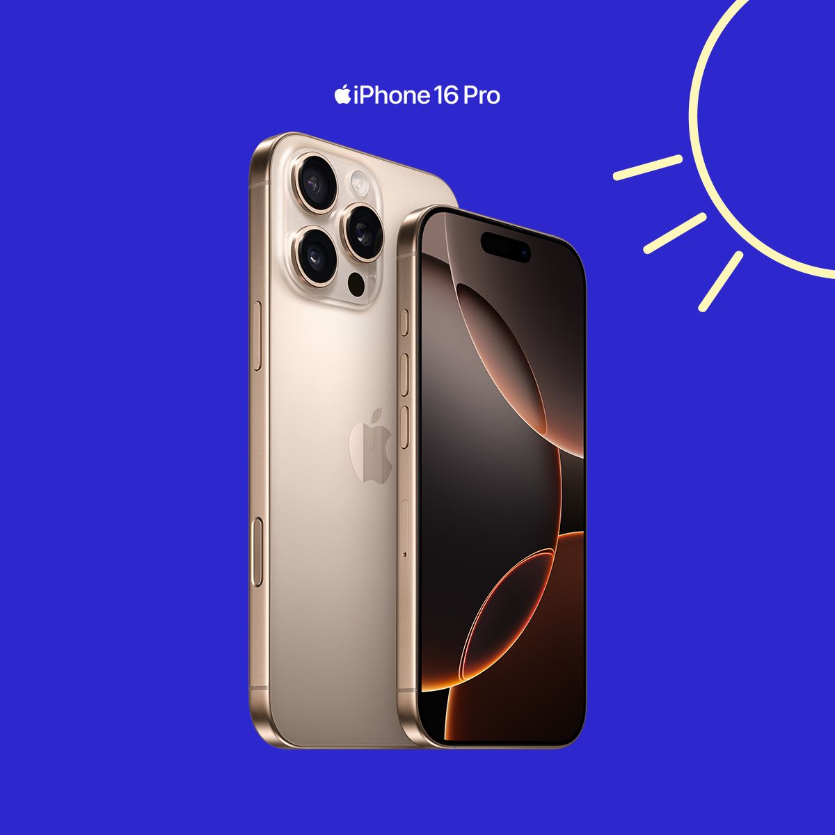 iphone 16 pro i sandfarget titan på en blå bakgrunn