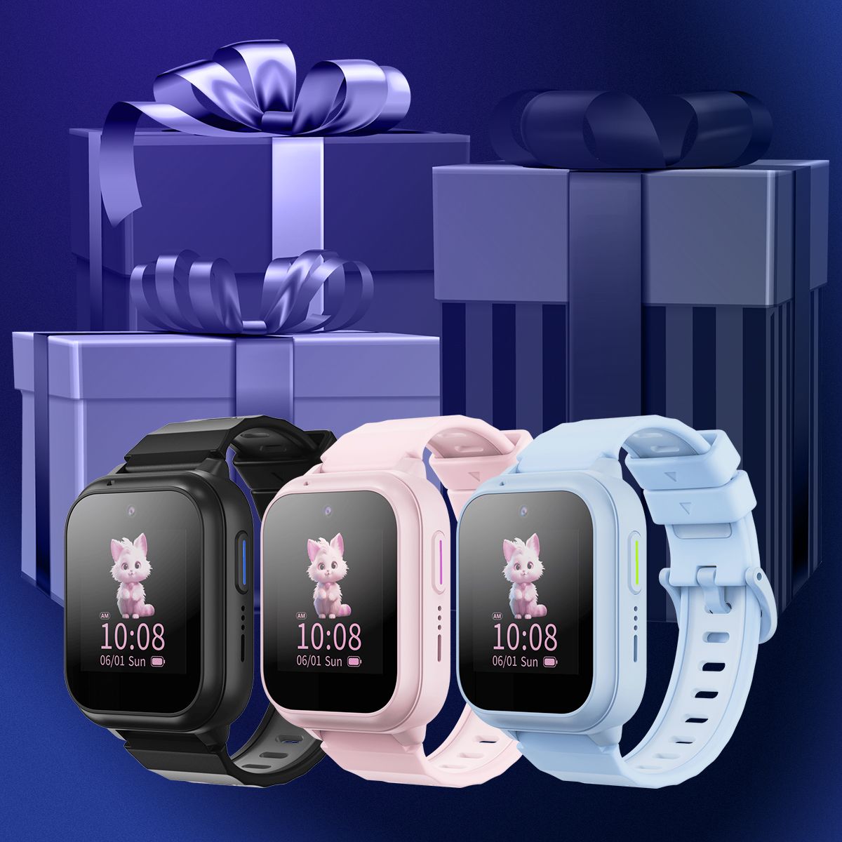 smartklokken zte k2 pro til barn i tre farger på en bakgrunn med julegaver