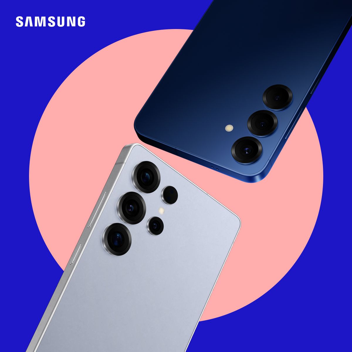 samsung galaxy s25 ultra og samsung galaxy s25 på en blå bakgrunn med rosa boble