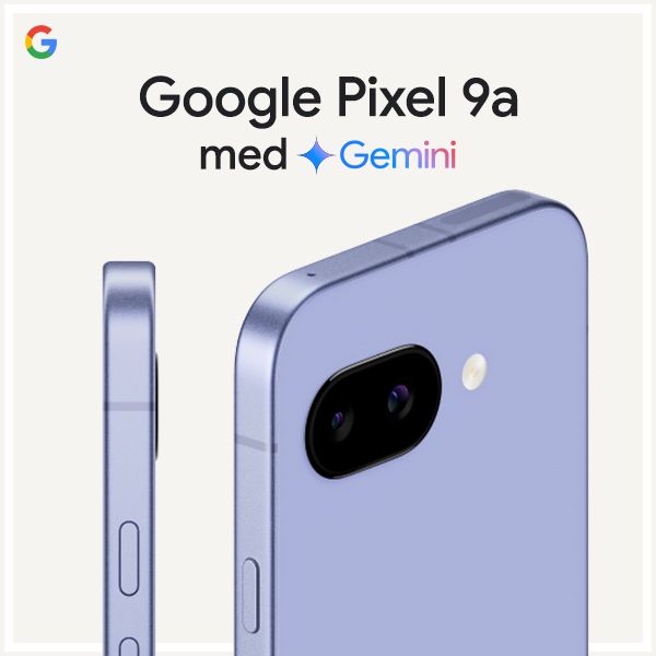 Google Pixel 9a i fargen iris med Gemini