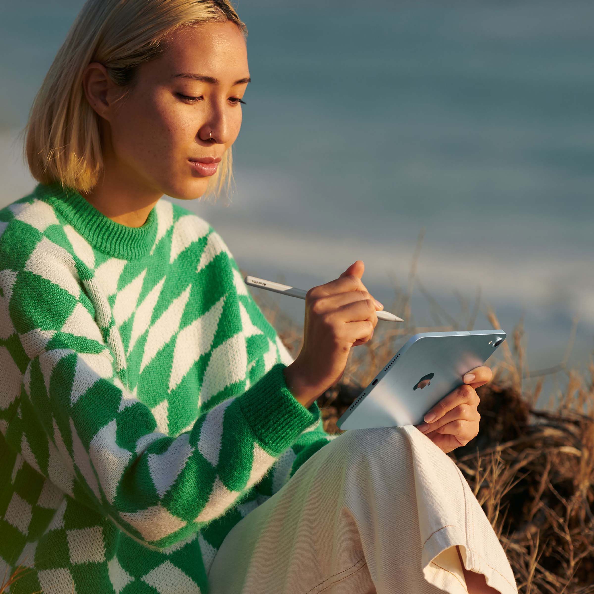 dame som sitter på stranden og tegner på en iPad