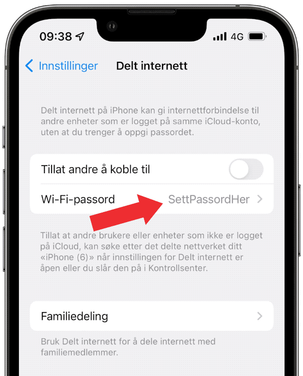 Delt internett i iPhone-innstillingene