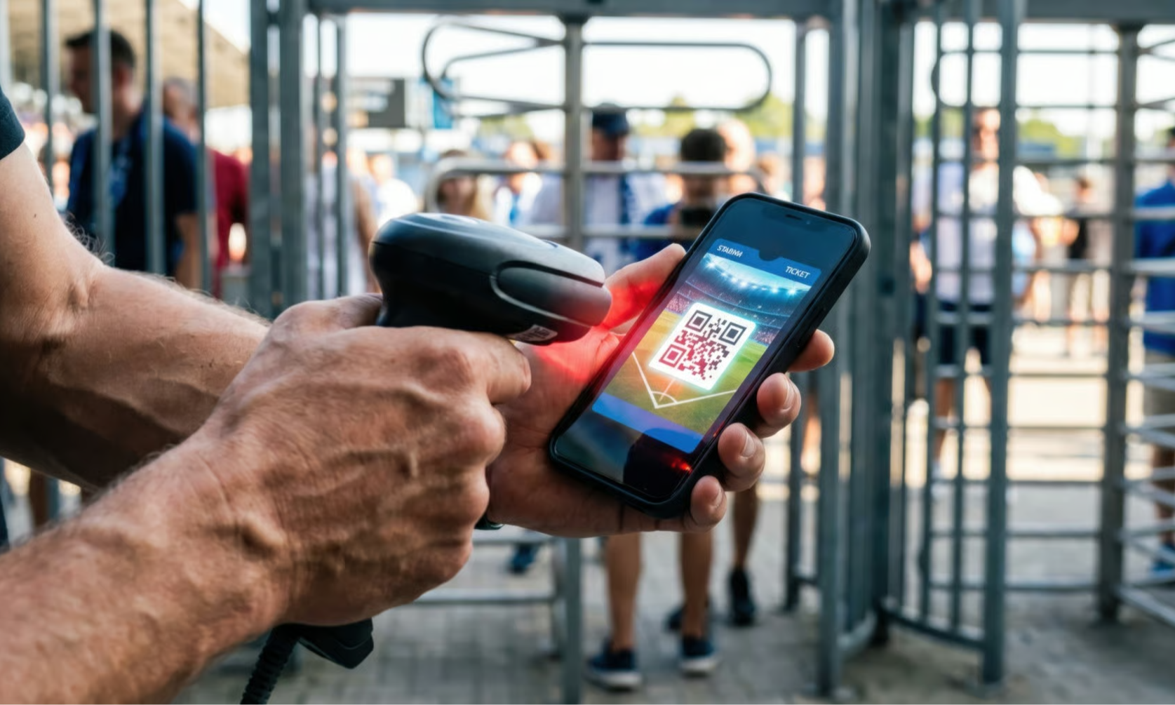 Mann som scanner festivalbillett på mobil