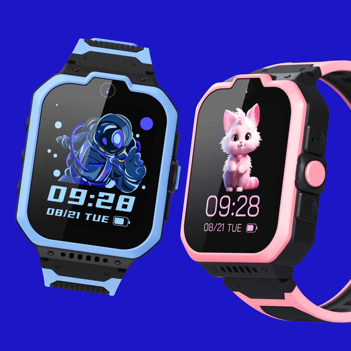 smartklokkene zte k1 pro til barn i fargen blå og rosa på en blå bakgrunn