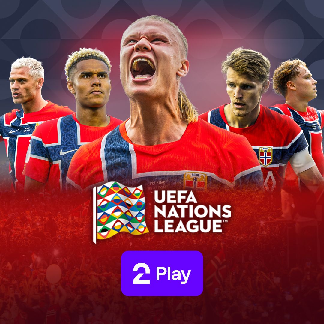 Norges fotballandslag med Haaland, Nuusa, Ødegaard og logoene til UEFA Nations League og TV 2 Play.