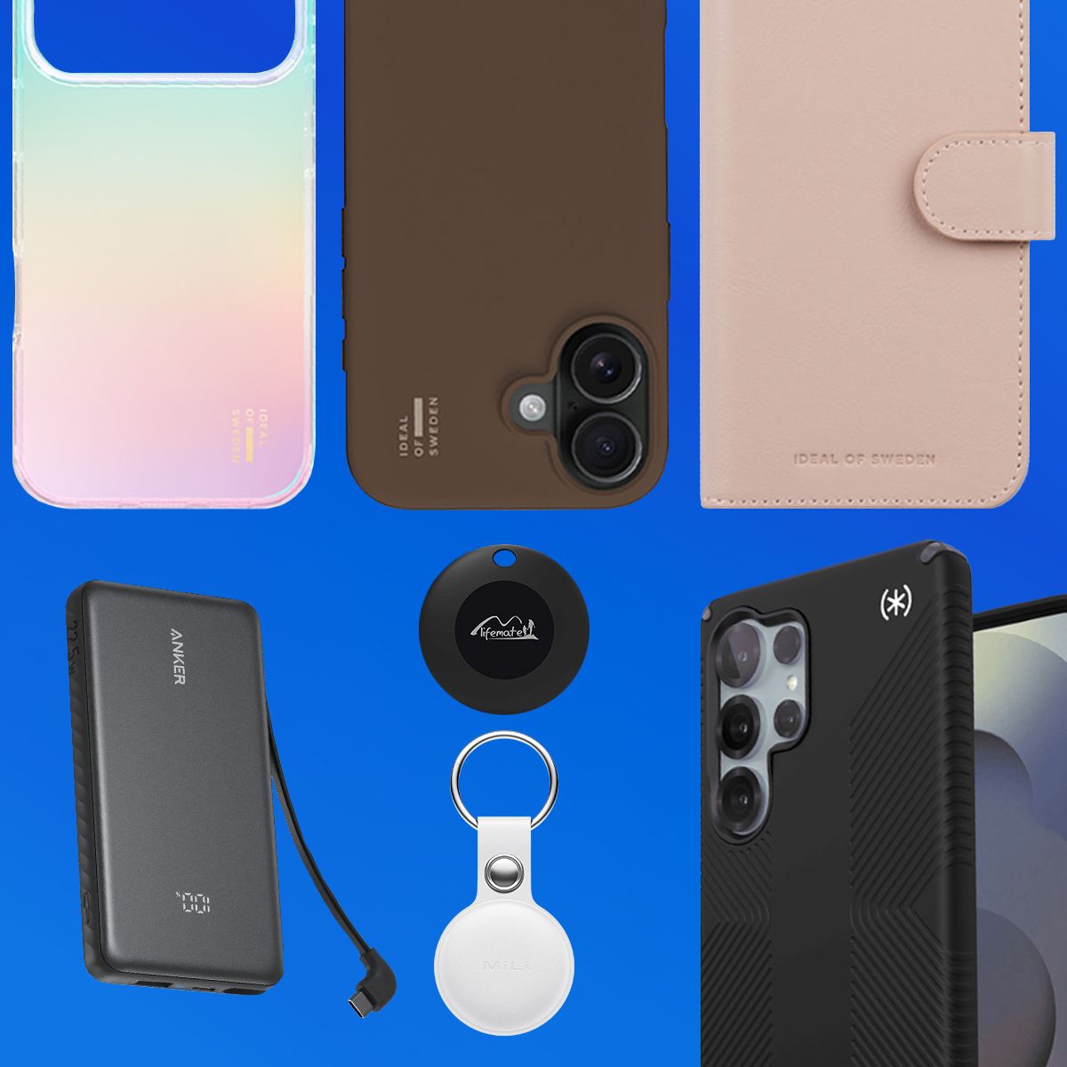 utvalgte deksler, sporingsbrikker og en powerbank på en blå bakgrunn