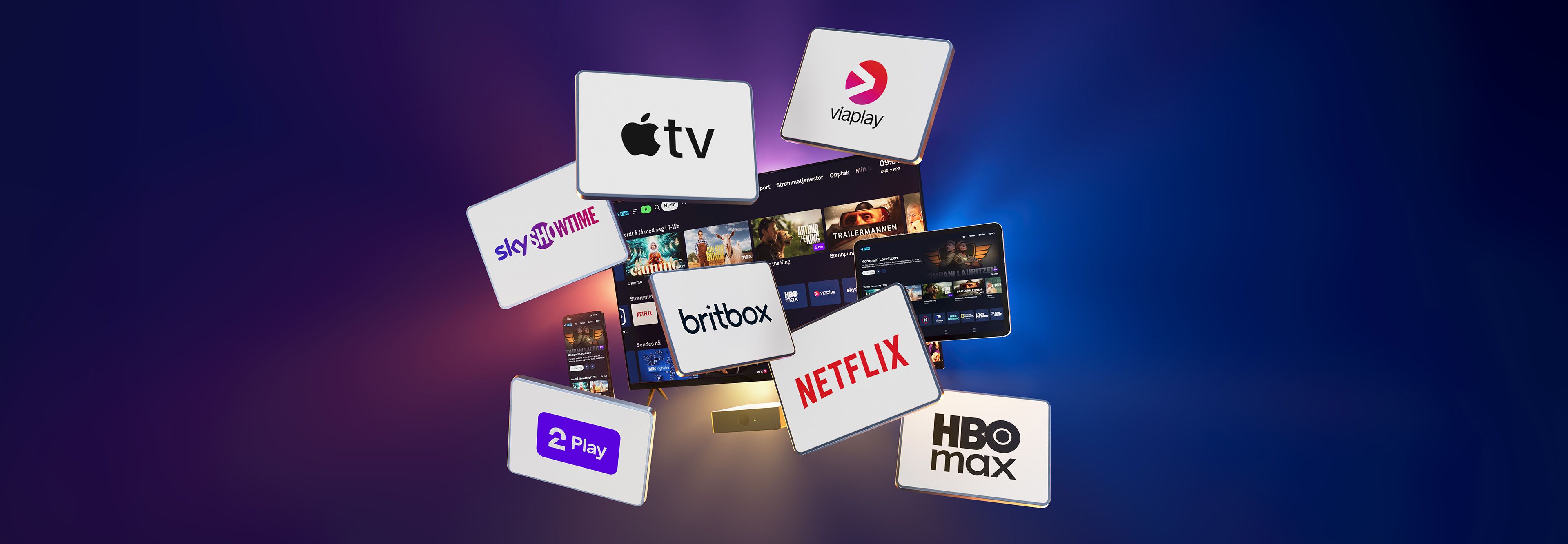 Bilde av en TV-skjerm med strømmetjeneste-logoer rundt