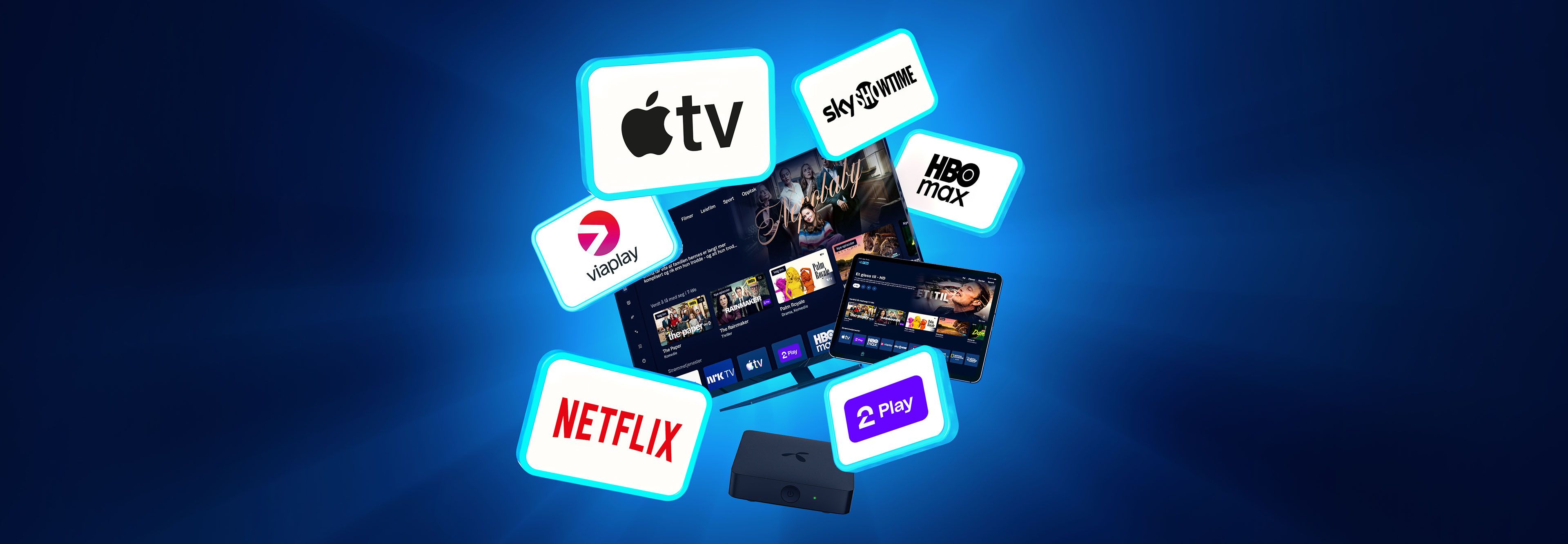 Bilde av en TV-skjerm med strømmetjeneste-logoer rundt