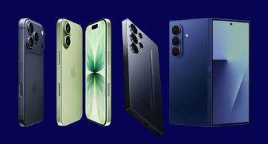 de nyeste mobiltelefonene fra apple og samsung på en blå bakgrunn