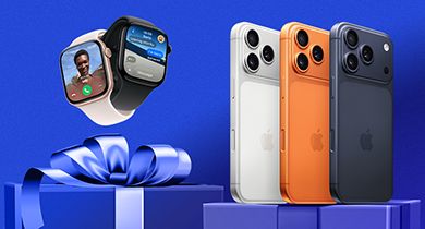 apple watch og nye iphone 17 pro på en blå bakgrunn med innpakkede julegaver