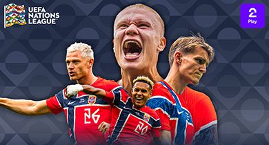 Norske landslagsspillere i fotball, med Haaland og Ødegaard, foran logoene til UEFA Nations League og TV 2 Play.