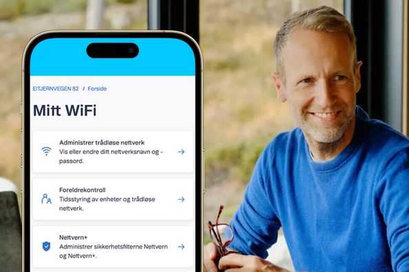 Mitt WiFi screen og en mann som smiler fornøyd
