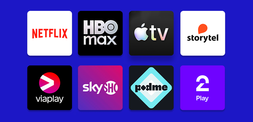 Logoer for strømme- og underholdningstjenester på blå bakgrunn
