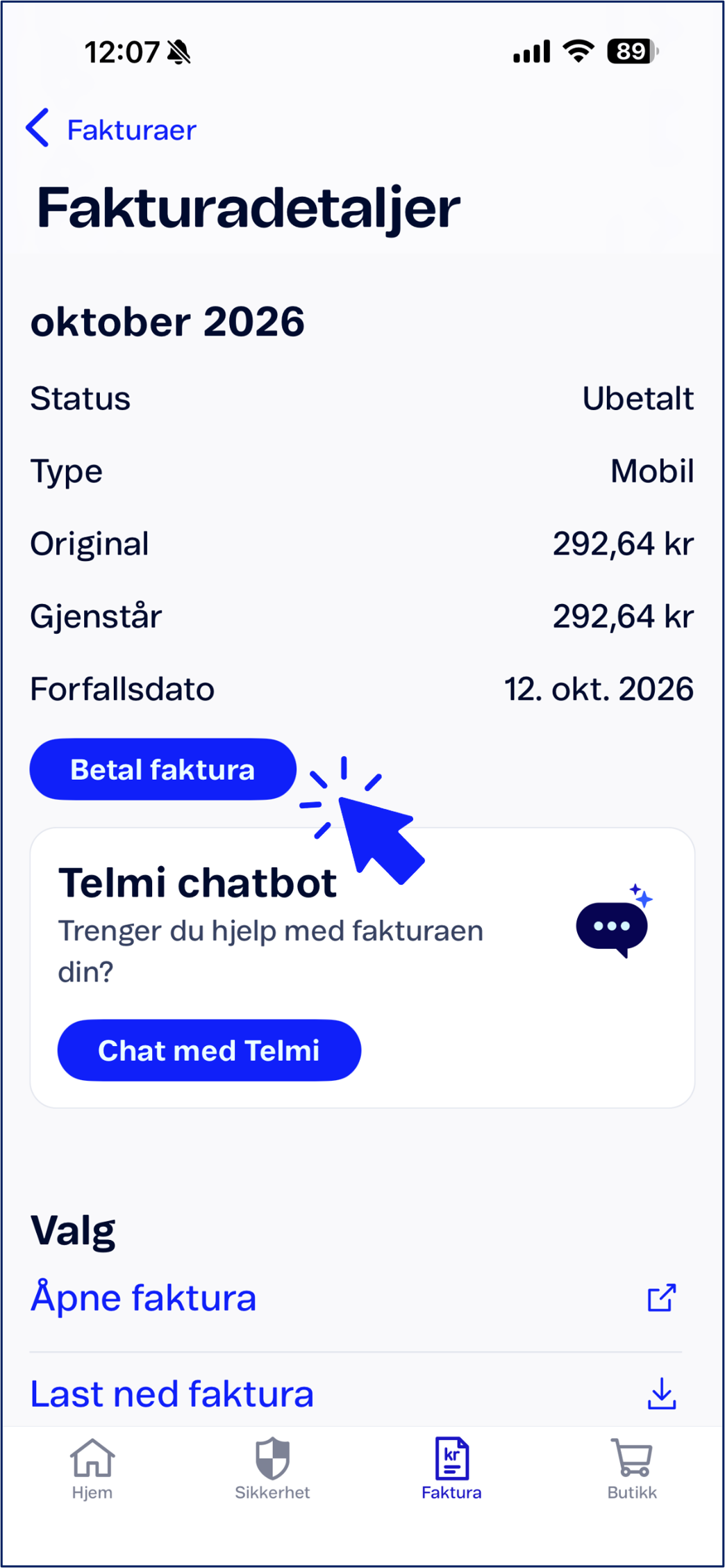 Betale faktura i Mitt Telenor - Trykk på betal faktura