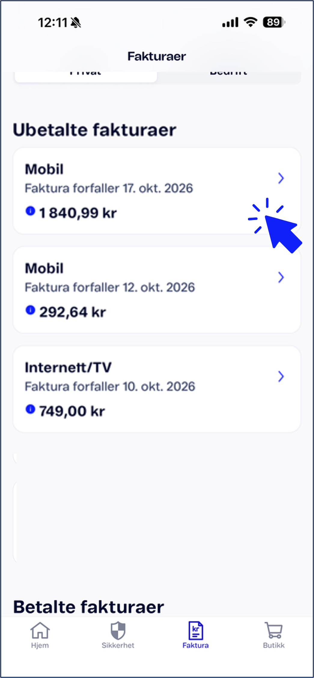 Betale faktura i Mitt Telenor - velg faktura som er ubetalt