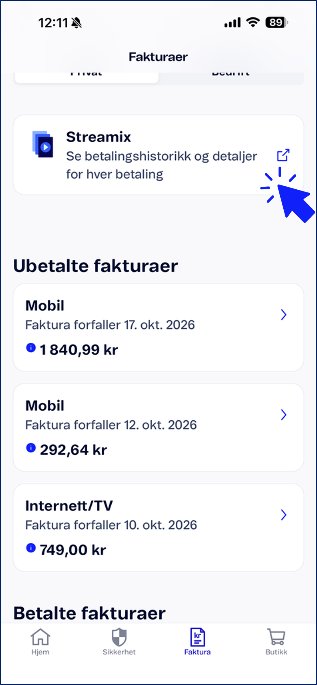 Betale faktura i Mitt Telenor - velg faktura som er ubetalt
