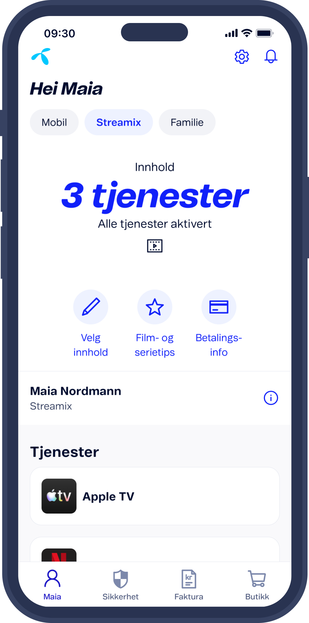 Mitt Telenor-app med oversikt over abonnement og tjenester