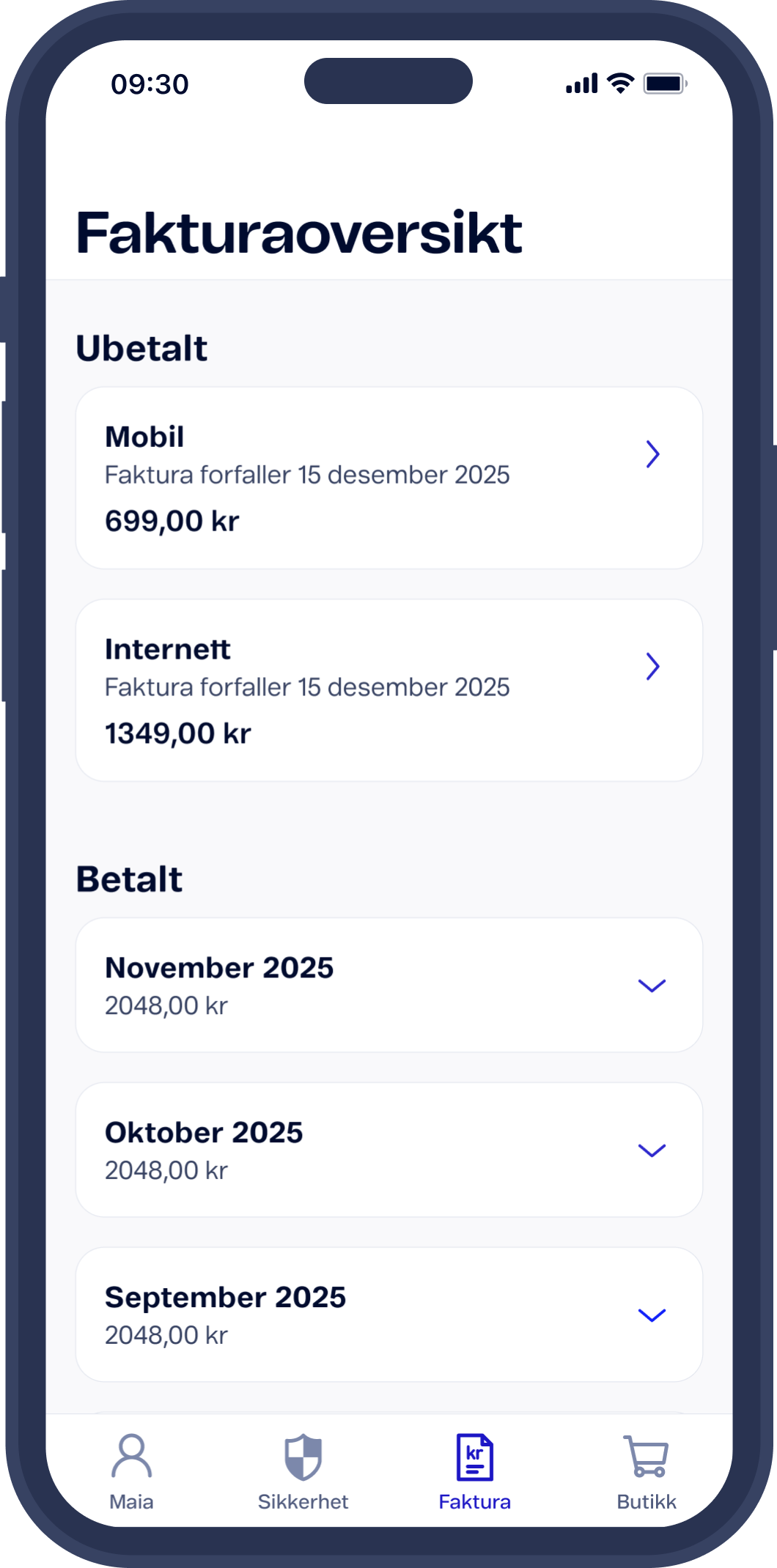 Mitt Telenor-app med oversikt over faktura