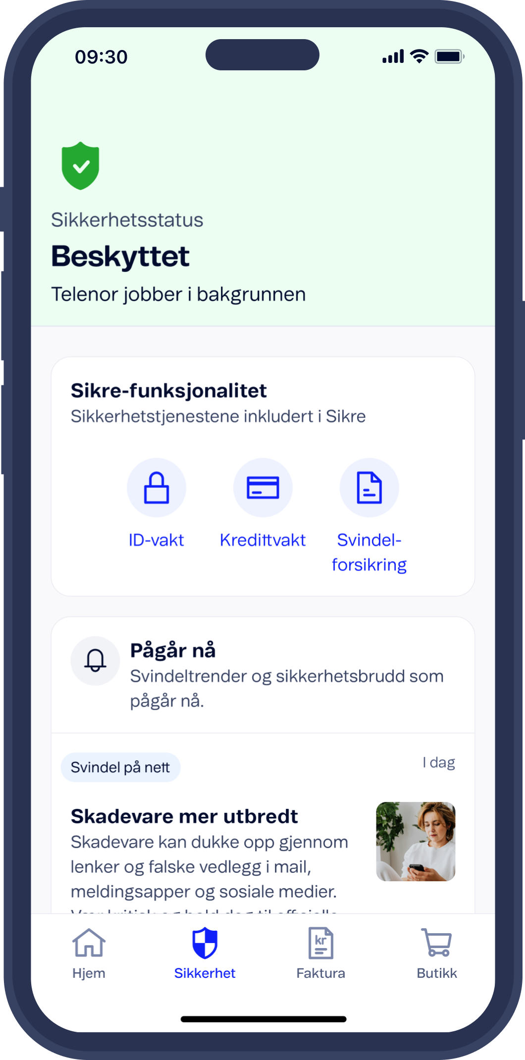 Mitt Telenor-app med oversikt over sikkerhet for kunder med Sikre