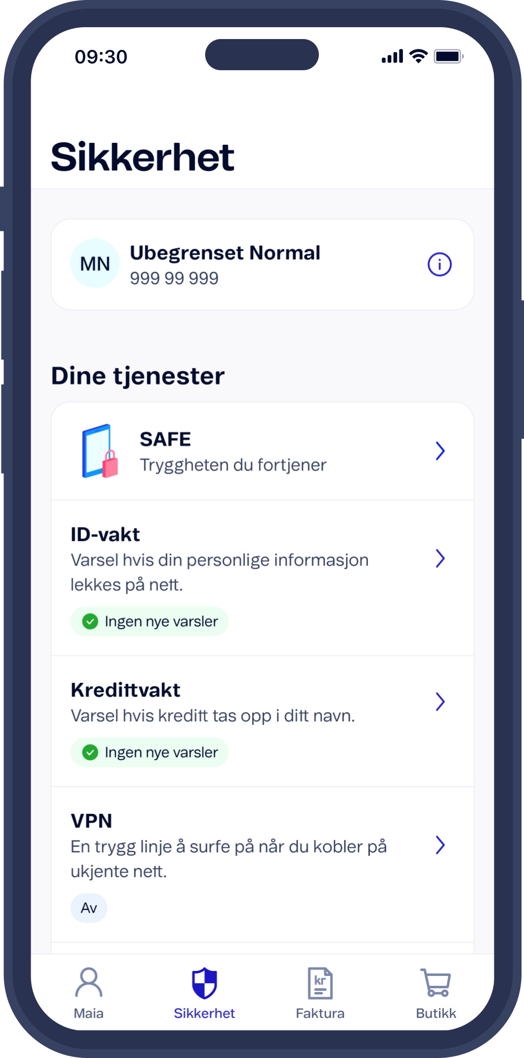 Mitt Telenor-app med oversikt sikkerhet og SAFE