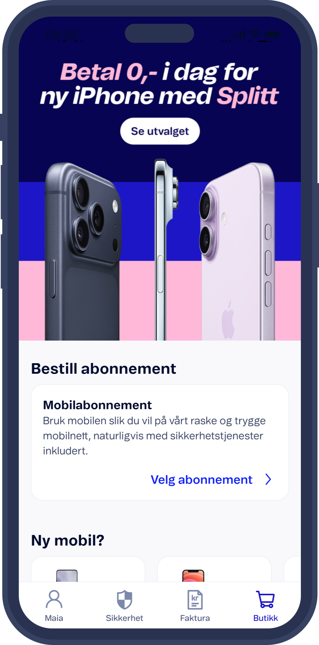 Mitt Telenor-app med oversikt over butikk-fanen