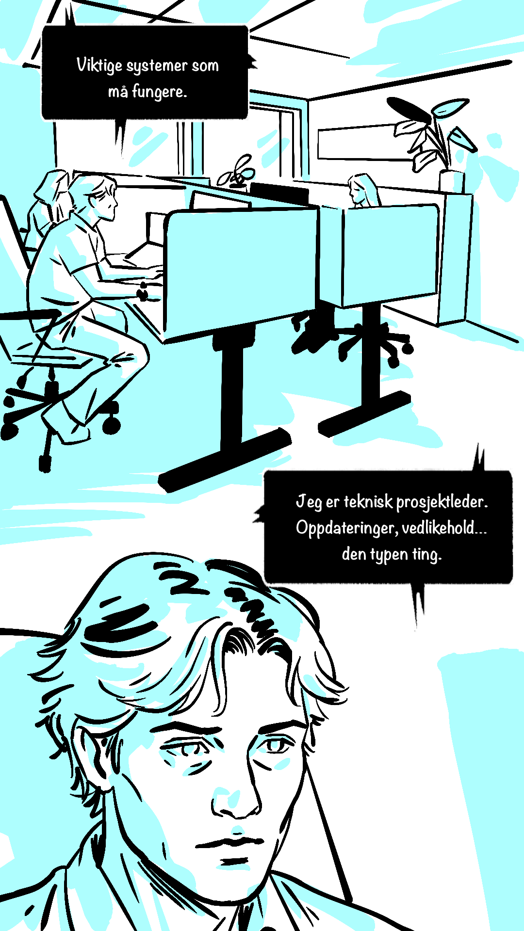 Lars på jobb i et moderne kontorlandskap ved en heve-senke-pult.