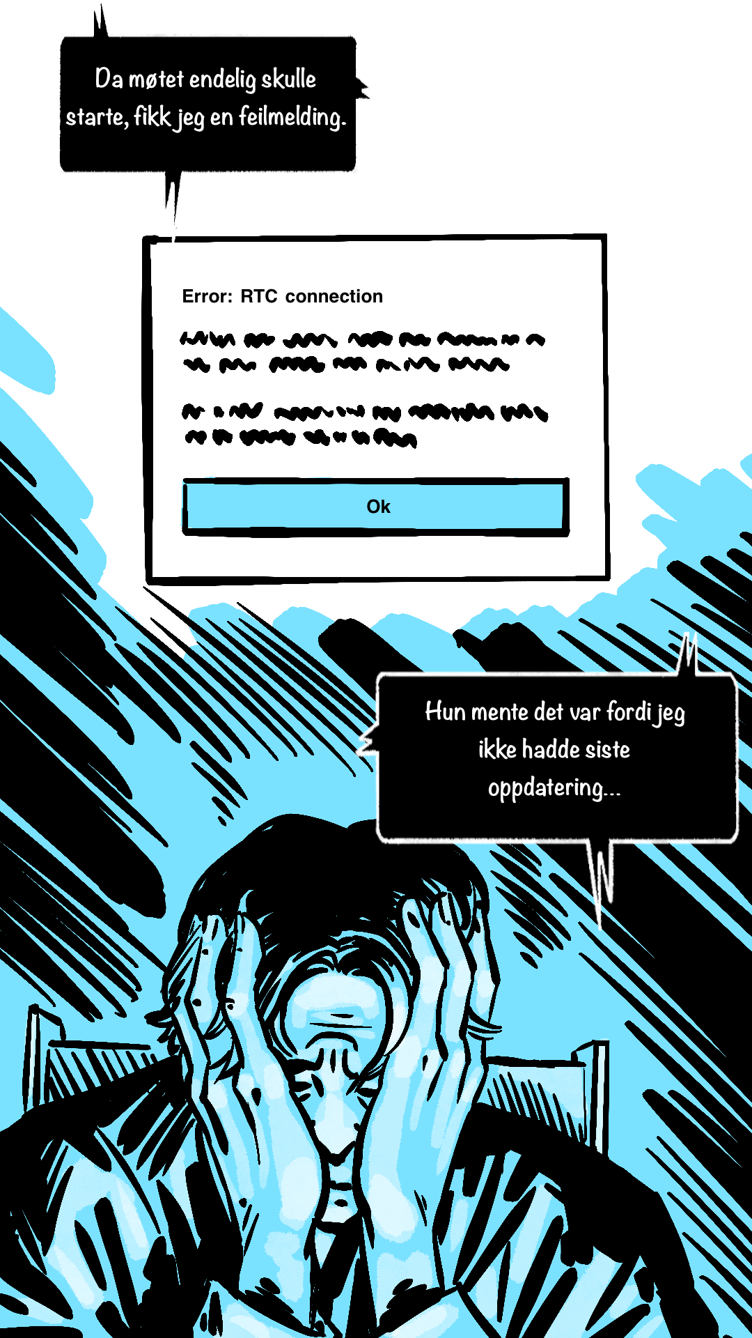  Lars holder hendene til hodet under en feilmelding om RTC-tilkobling.