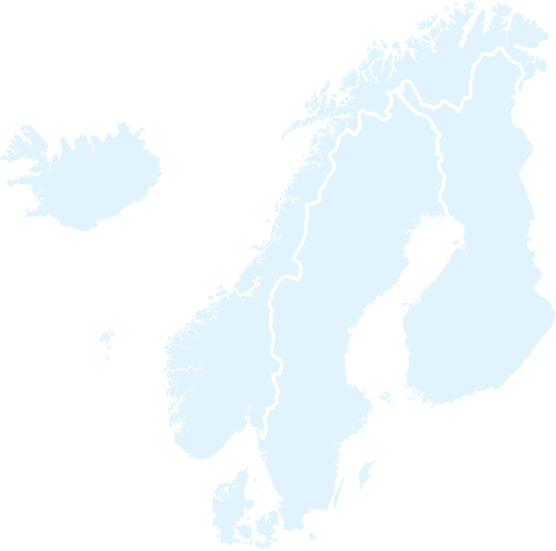Kart over Norden, inkludert Island, Norge, Sverige, Finland og Danmark