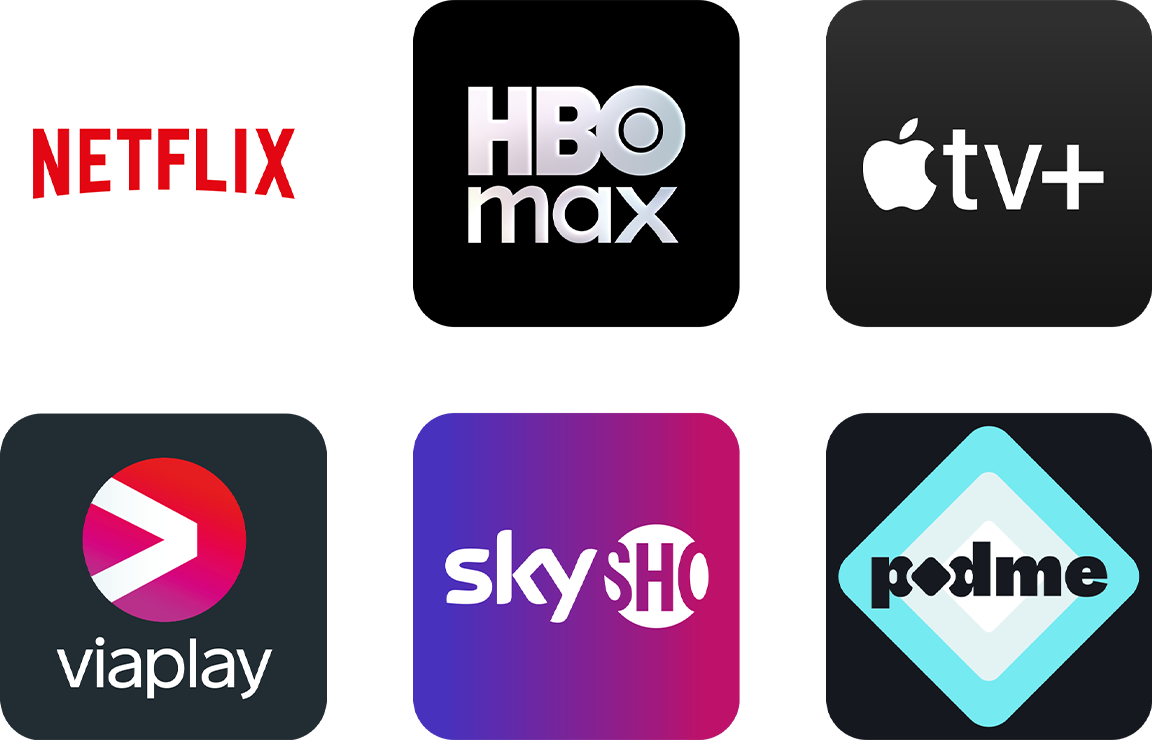 Logoer for Netflix, HBO Max, Apple TV+, Viaplay, SkyShowtime og PodMe