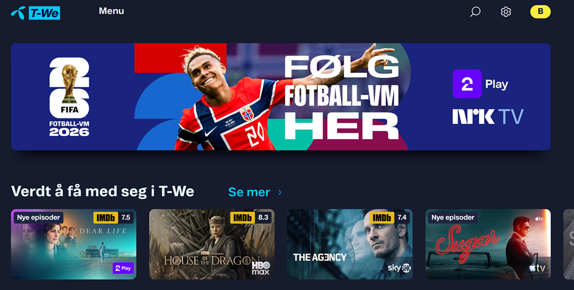T-We grensesnitt med fotball-VM-reklame og strømmetjenester