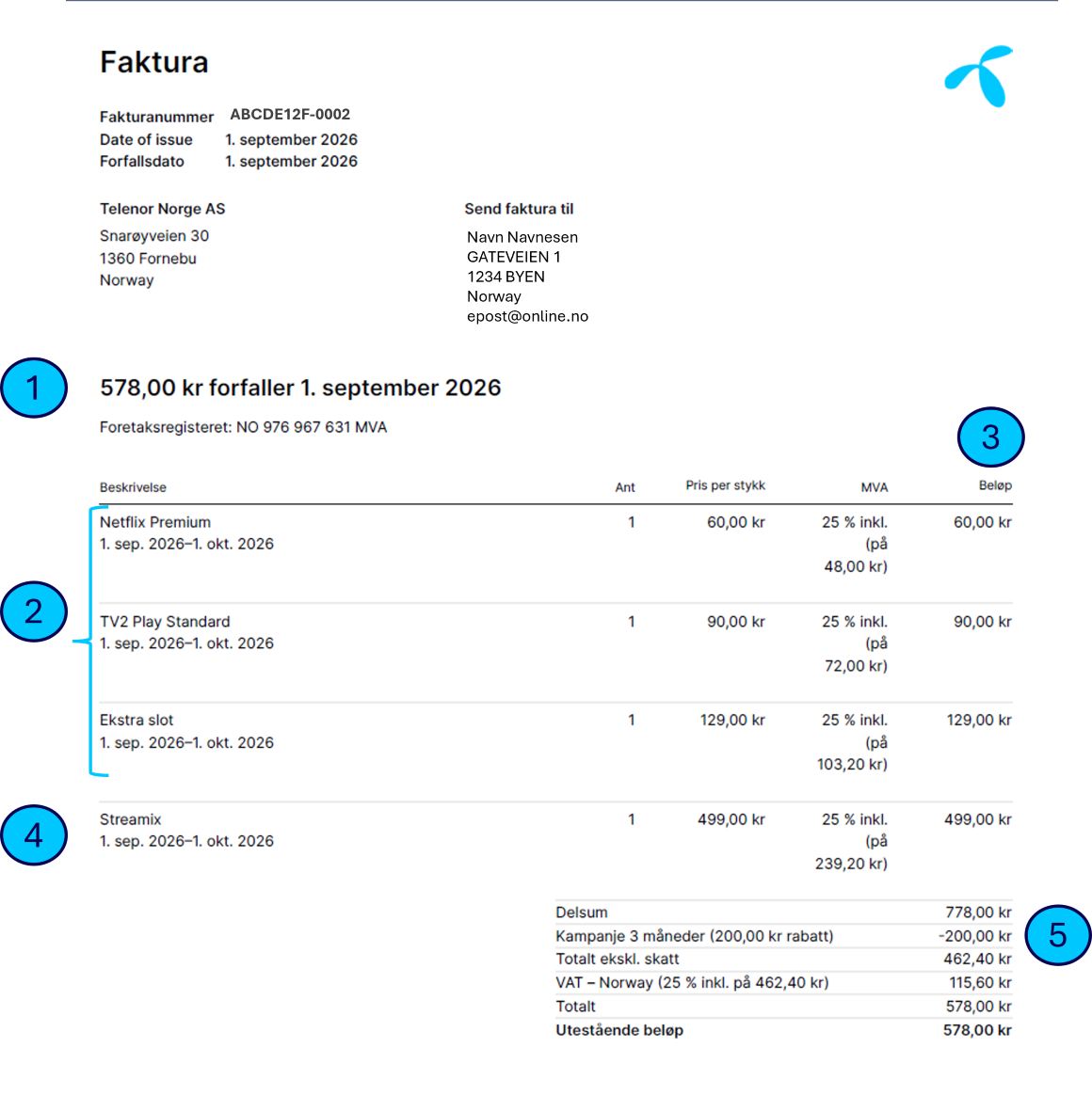 Eksempel på Streamix-faktura