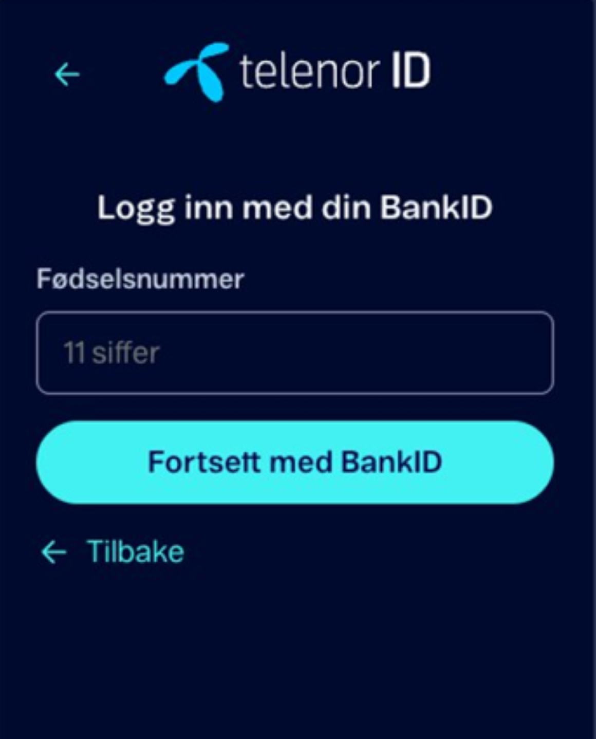 Skriv inn fødselsnummer og trykk på «Fortsett med BankID»