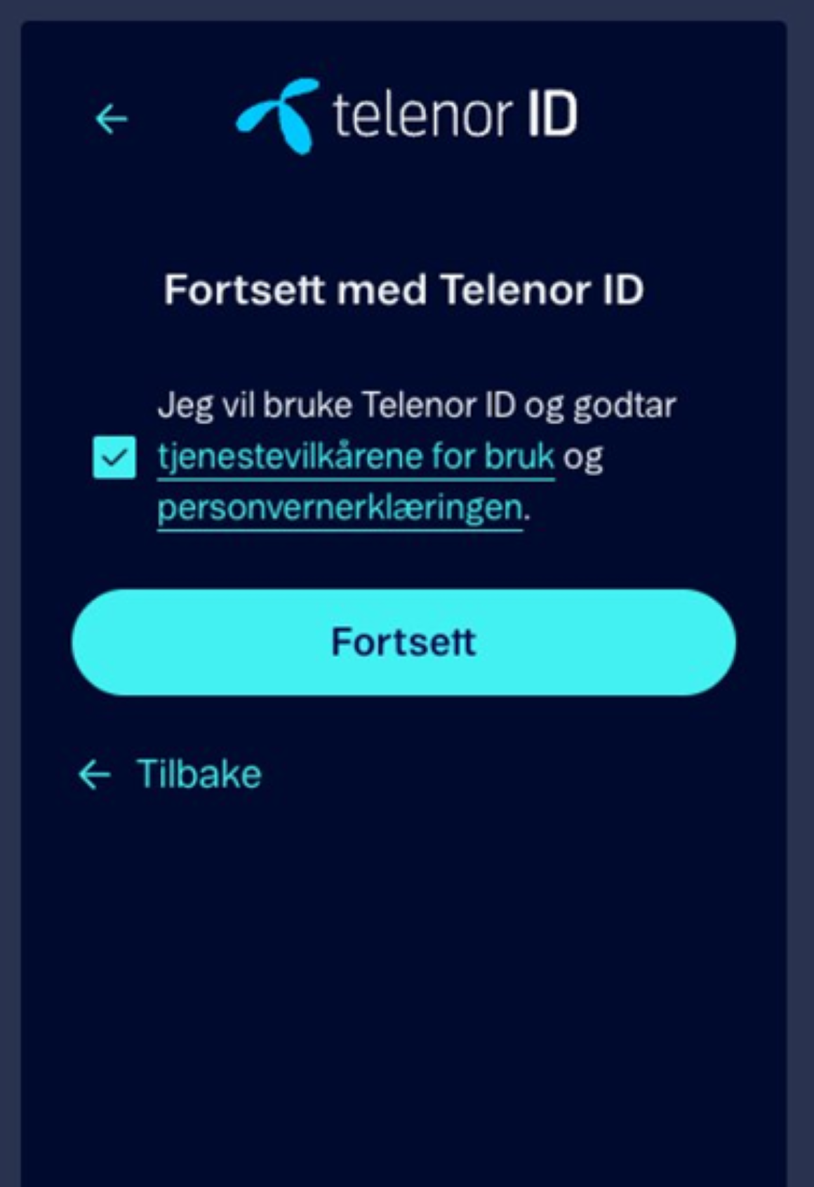 Hvis du logger inn for første gang: Bekreft registrering av Telenor ID og trykk "Fortsett"