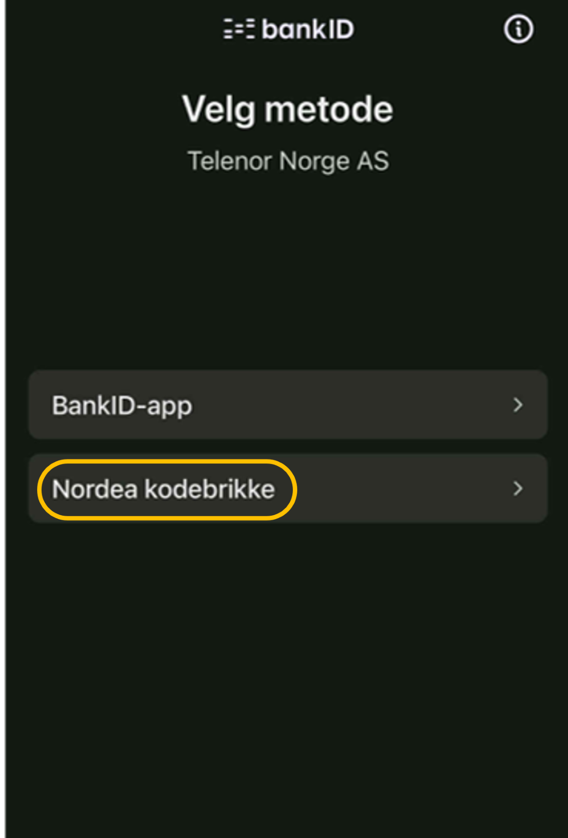 Velg «Kodebrikke» alternativet for din bank