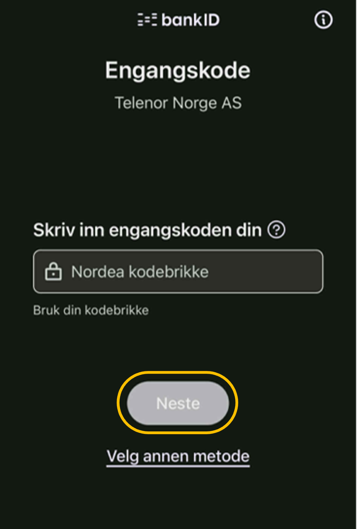 Skriv inn kode fra brikken din, og trykk «Neste»