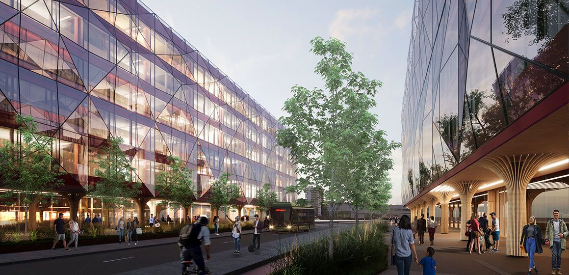 Moderne kontorbygg med folk - Aker BP og Aker Solutions