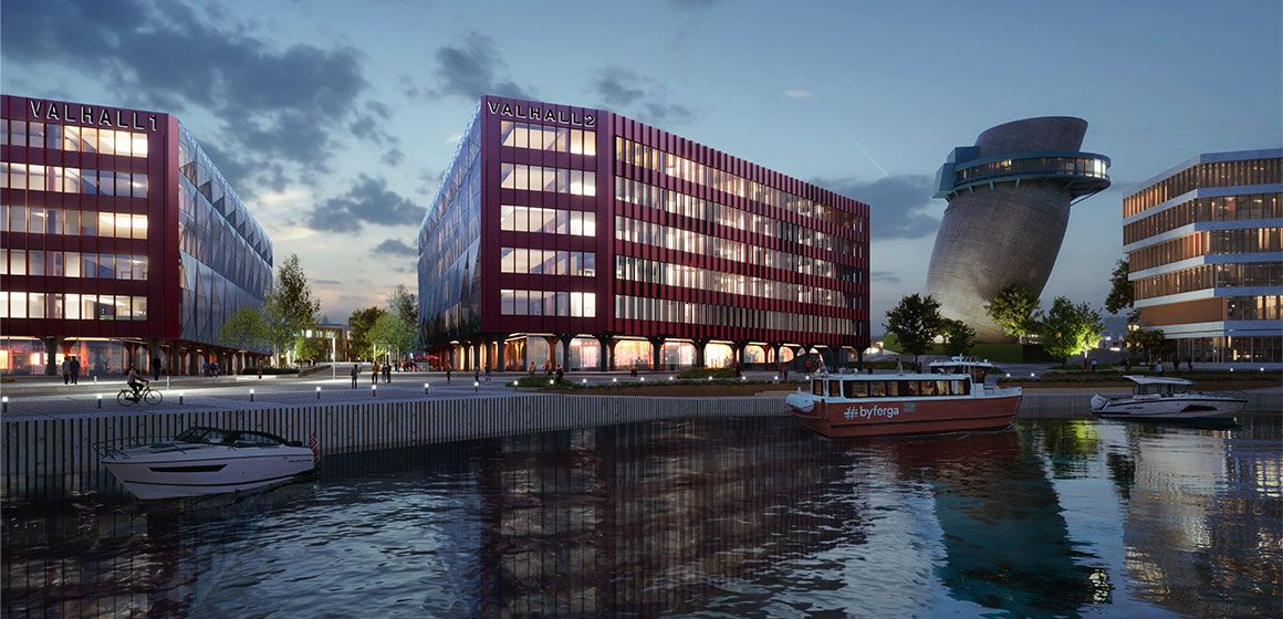 Moderne bygninger ved vann - Aker BP og Aker Solutions