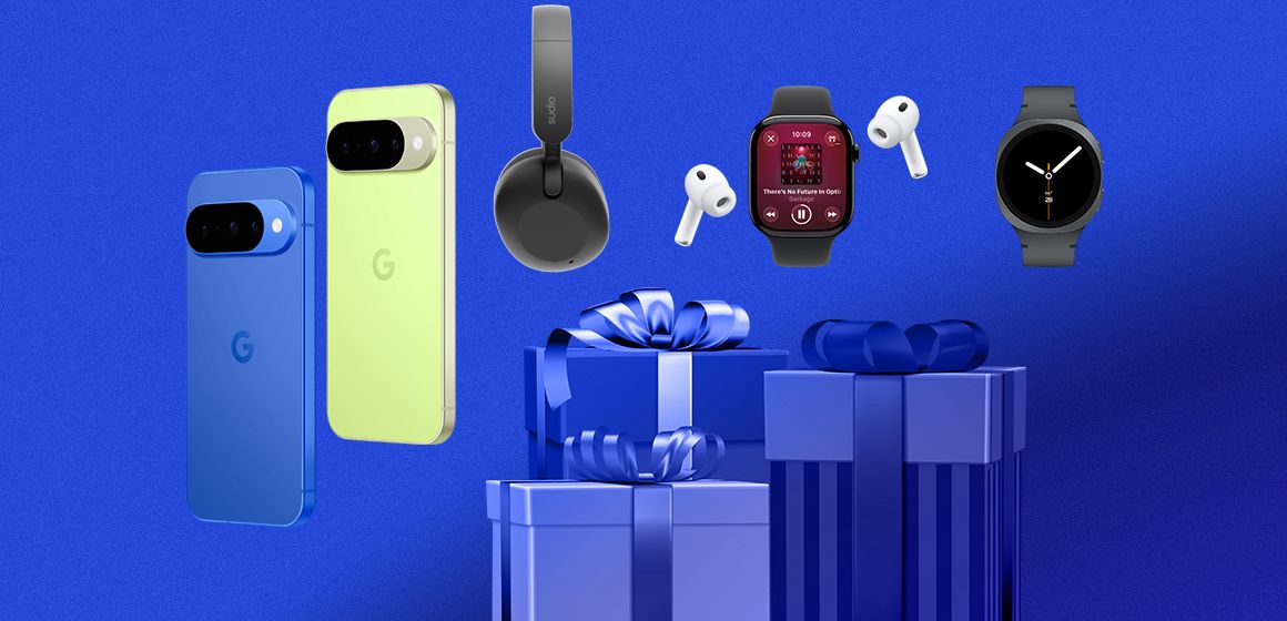 Gaveinspirasjon med smarttelefoner, smartklokker og hodetelefoner, perfekt julegavetips