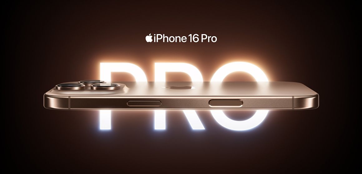 Apple iPhone 16 Pro med gylden design og PRO-tekst i bakgrunnen