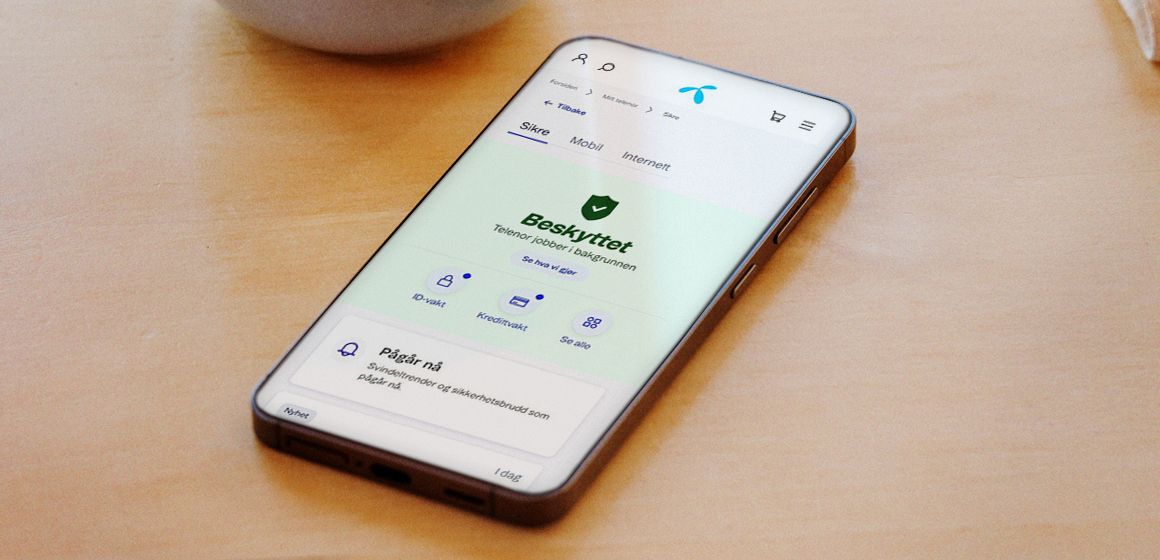 Smarttelefon med Telenor-app åpen på sikkerhetsfanen