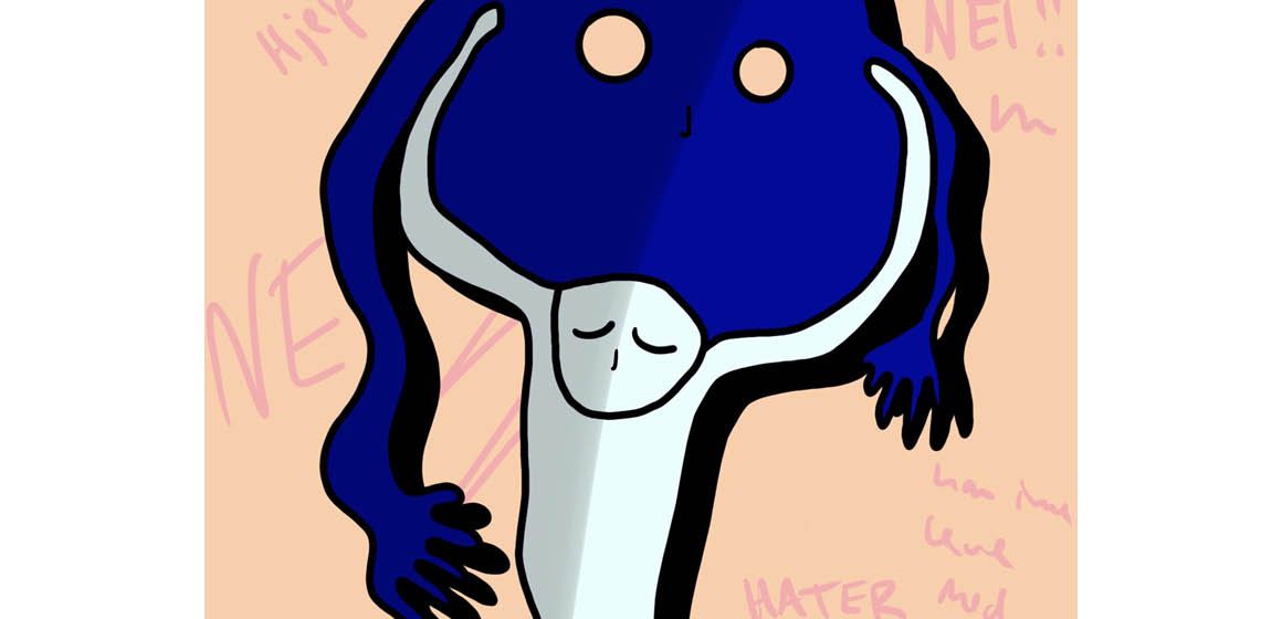 Blå figur med hvitt ansikt og lange armer på rosa bakgrunn. Tekst sier "NEI"