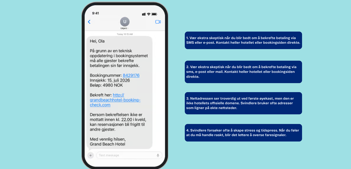 Advarsel om svindel via SMS med falsk betalingsbekreftelse for hotellbooking