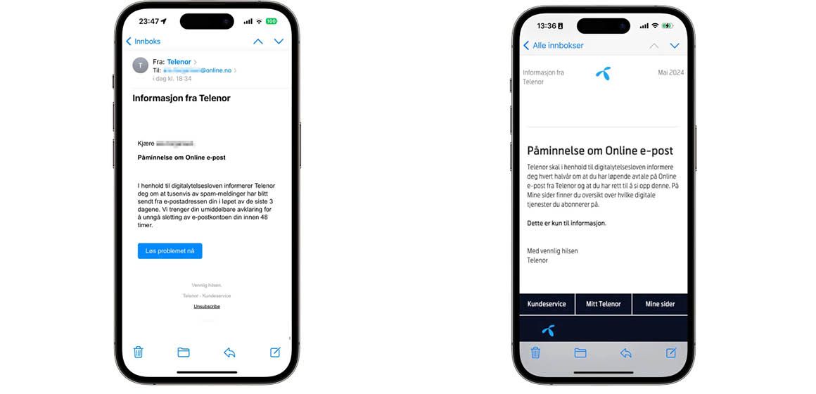 To e-poster med påminnelser fra Telenor om e-postkontoer: en ekte og en falsk