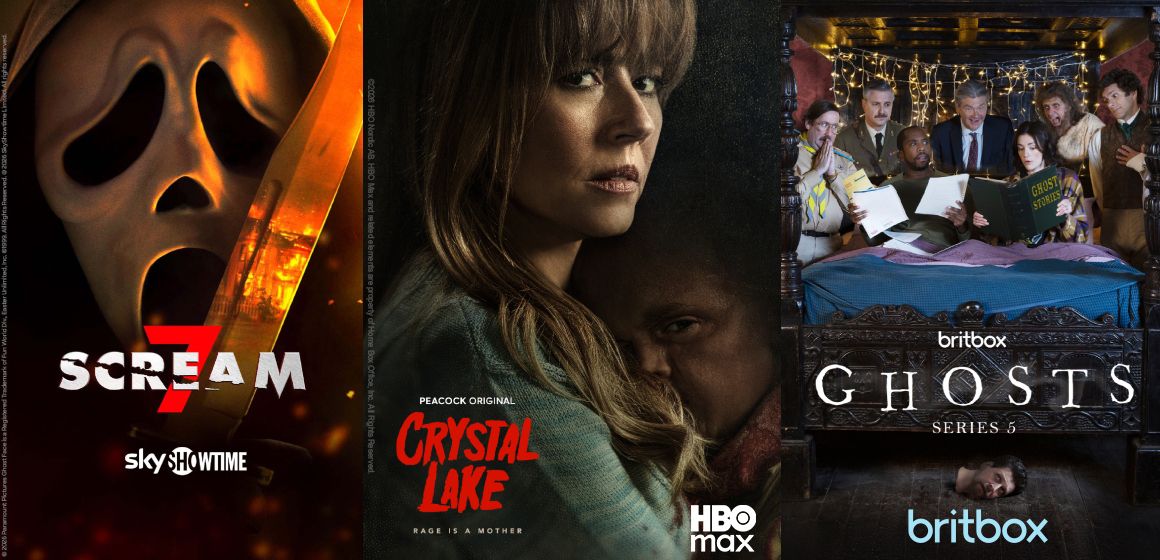 Strømmetips til Halloween med bildebanner fra HBO Max, SkyShowtime og BritBox.