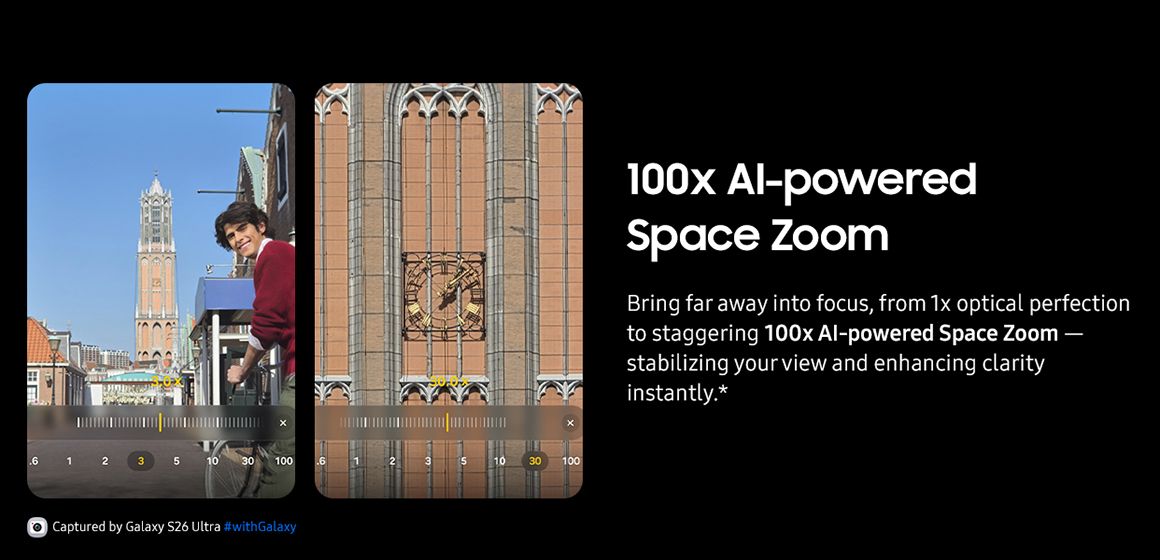 100x AI-forbedret zoom på galaxy s26 ultra viser detaljene i en bygning 
