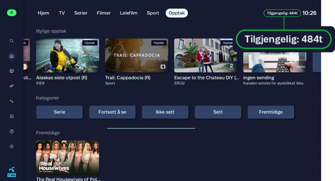 T-We-grensesnitt som viser nylige opptak og tilgjengelig tid til opptak
