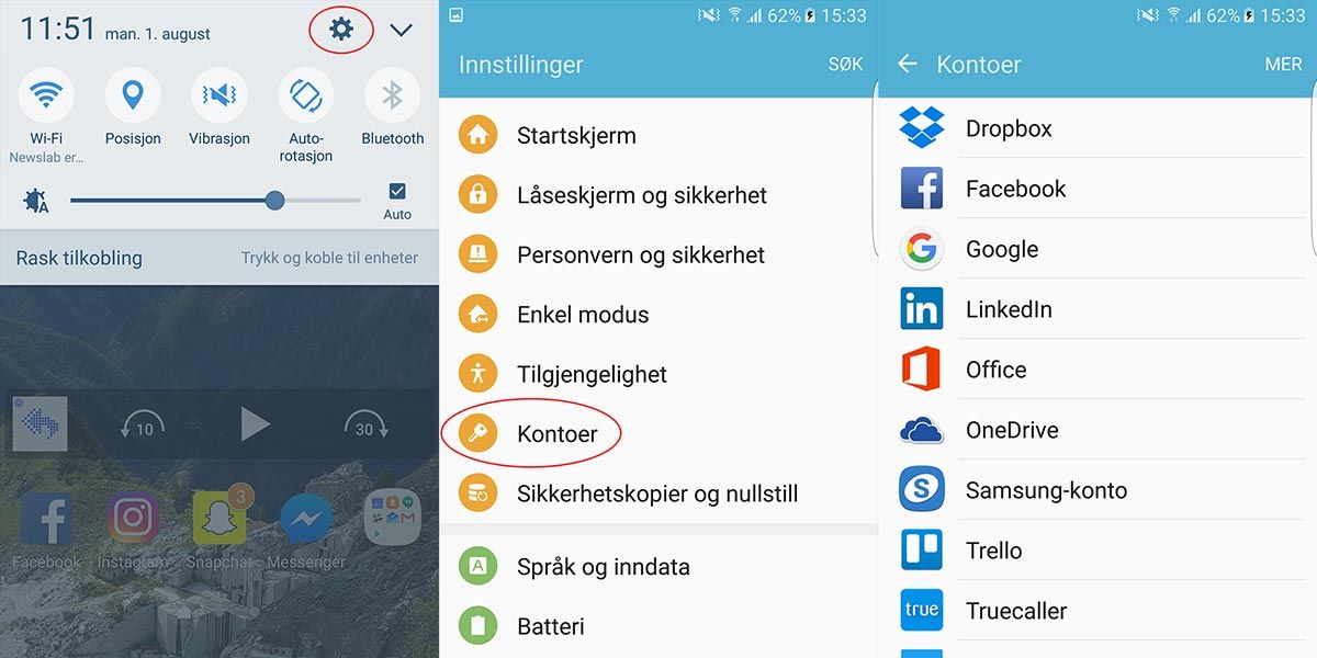 Android innstillinger og kontoer